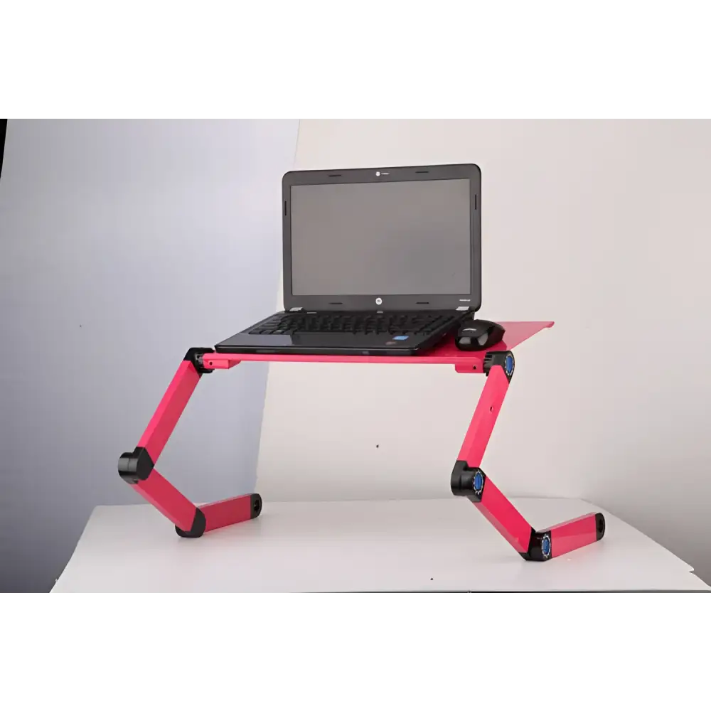 Pink adjustable folding ergonomic laptop table stand with black joints and blue accents for comfortable use