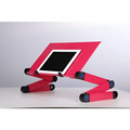 Pink adjustable folding ergonomic laptop table stand with black and blue accents holding a white-framed tablet