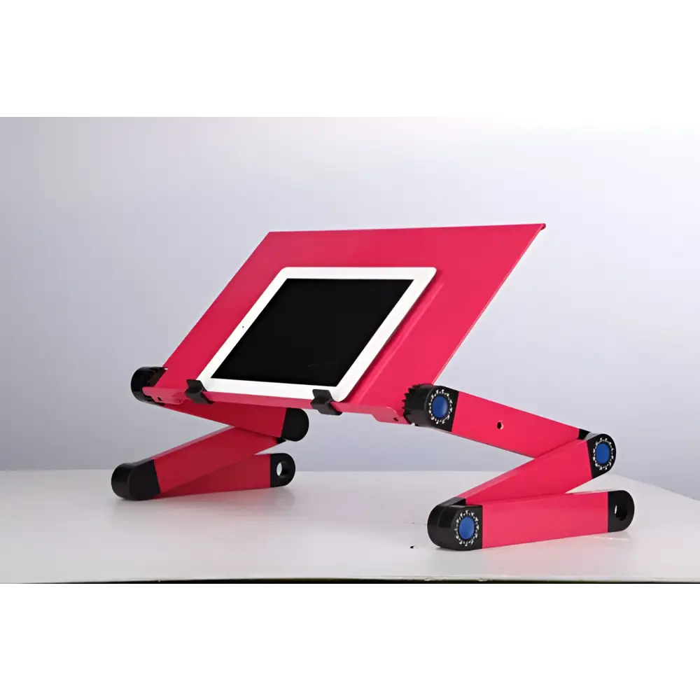 Pink adjustable folding ergonomic laptop table stand with black and blue accents holding a white-framed tablet