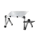 Silver aluminum adjustable folding ergonomic laptop table stand with perforated surface and attached black side tray