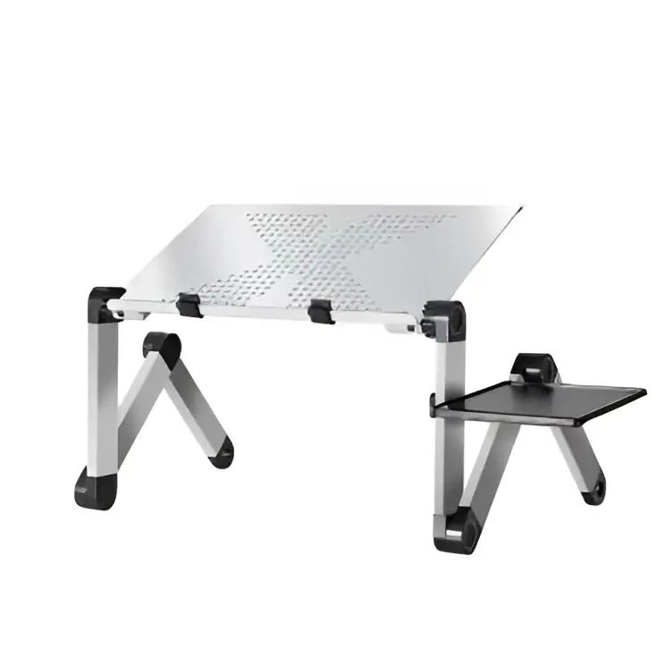 Silver aluminum adjustable folding ergonomic laptop table stand with perforated surface and attached black side tray