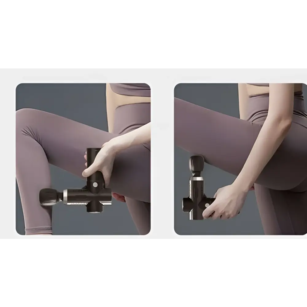 Black adjustable handheld muscle massage gun with textured grip and metallic accents for fitness recovery use