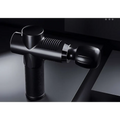 Black adjustable handheld muscle massage gun with textured grip and ribbed barrel for effective fitness recovery