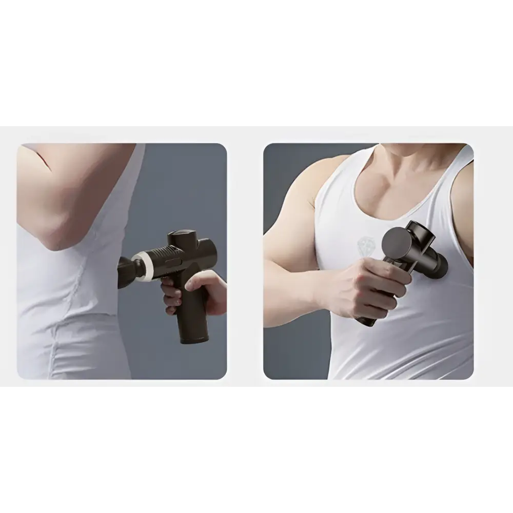 Black adjustable handheld muscle massage gun with textured grip and circular head for targeted fitness recovery