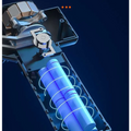Blue cylindrical batteries inside metallic casing of adjustable handheld muscle massage gun with textured grip