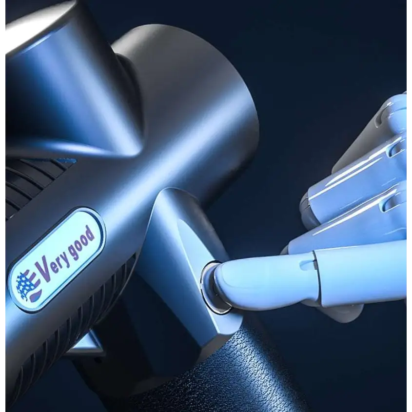 Silver metallic adjustable handheld muscle massage gun with sleek ergonomic design and textured grip very good branding