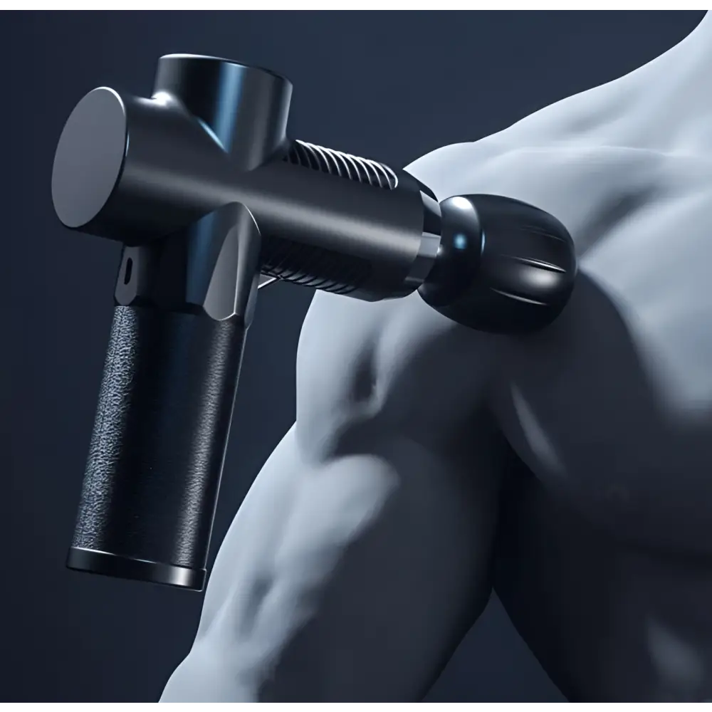 Black adjustable handheld muscle massage gun with textured grip and adjustable head for fitness recovery