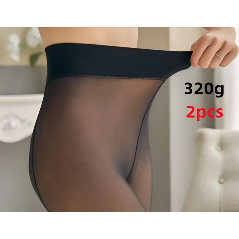 Black sheer adjustable maternity pantyhose with a smooth stretchy waistband for comfortable maternity leggings use