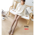 Sheer nude-colored adjustable maternity pantyhose tights worn by a woman seated on a rattan bench for comfort
