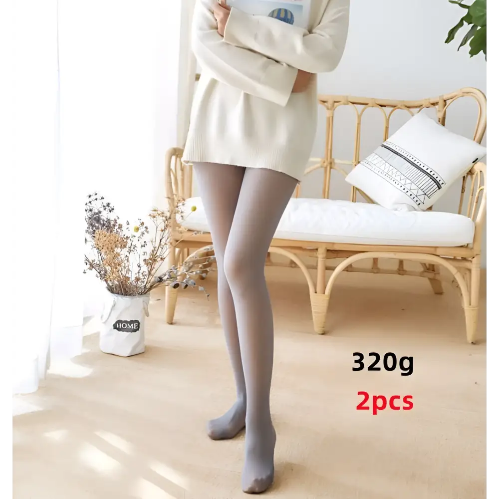Sheer gray adjustable maternity pantyhose tights worn indoors for comfort and support as comfortable maternity leggings