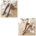 Sheer gray adjustable maternity pantyhose tights paired with a cream-colored sweater for comfortable maternity wear