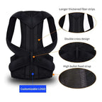 Black mesh posture correction belt with adjustable straps, reinforced fiber strips, and double cross design back view