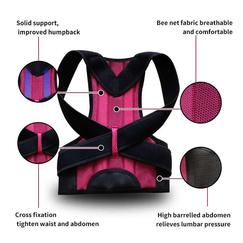 Adjustable mesh posture correction belt in pink and black with back support and adjustable straps for posture correction