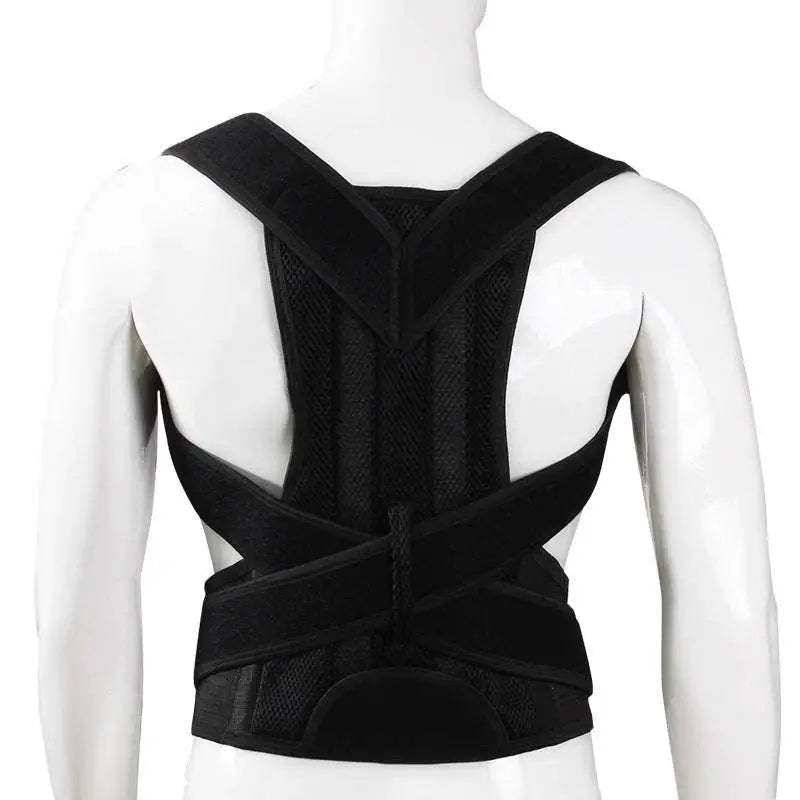 Black mesh posture correction belt with adjustable straps shown from the back for improved posture support