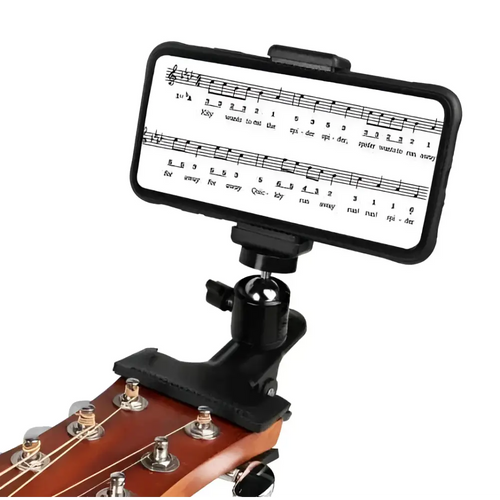 Black adjustable phone guitar clip stand with clamp holding smartphone displaying sheet music above acoustic guitar for live streaming