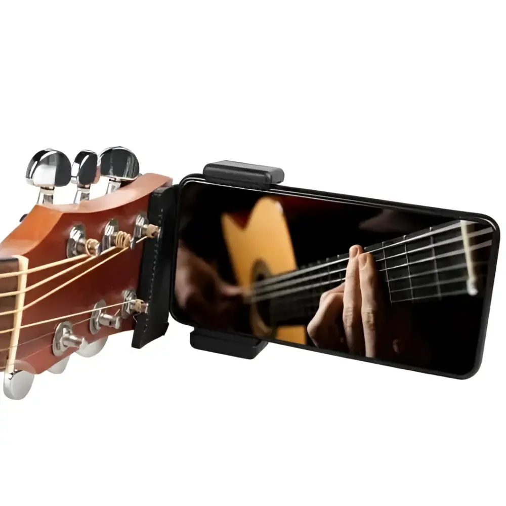 Black adjustable phone guitar clip stand with headstock attachment for live streaming and hands-free playing