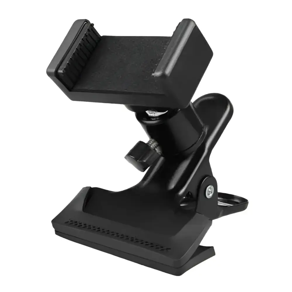 Black plastic adjustable phone guitar clip stand with textured grip and clamp for live streaming use