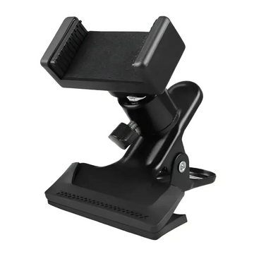 Black plastic adjustable phone guitar clip stand with textured grip and clamp for live streaming use