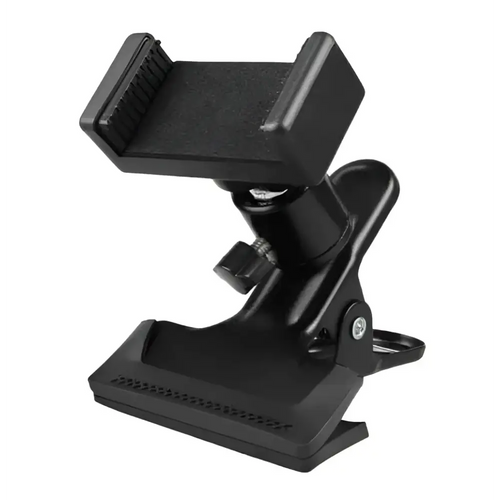 Black plastic adjustable phone guitar clip stand with textured grip and clamp for live streaming use
