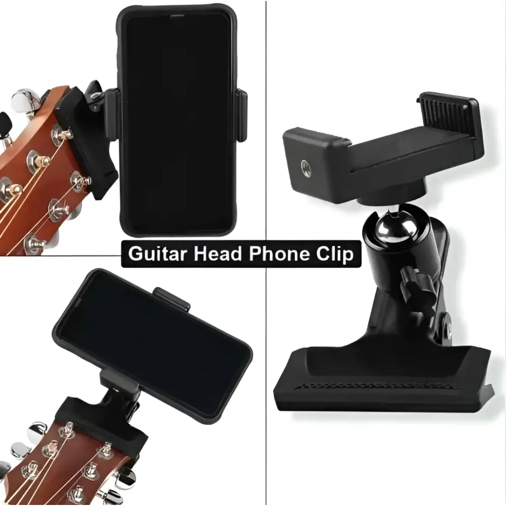 Black plastic phone guitar clip stand with adjustable clamp and universal smartphone holder for live streaming