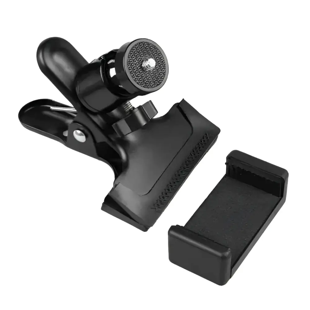 Black plastic adjustable phone guitar clip stand with clamp and textured grip surface for live streaming use