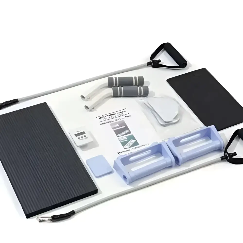 Adjustable pilates sliding board with black textured pads, blue handles, gray grips, timer, and resistance bands for full-body workouts