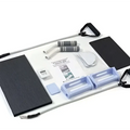 Adjustable pilates sliding board with black textured pads light blue plastic handles gray grips digital timer and resistance bands to enhance flexibility