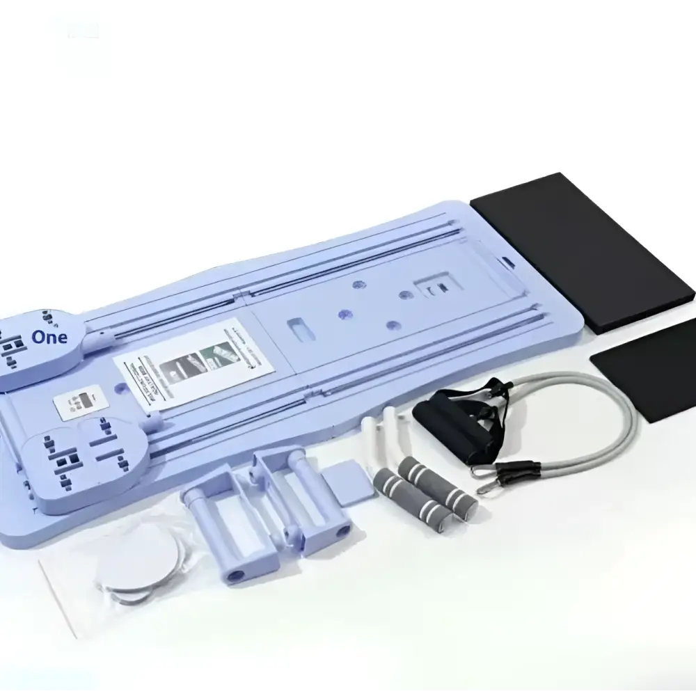 Light blue adjustable pilates sliding board with black foam pads and resistance bands to enhance flexibility