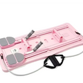 Pink plastic adjustable pilates sliding board with gray foot pads and black resistance bands to enhance flexibility