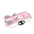 Adjustable pilates sliding board in pink plastic with gray foot pads and black resistance bands to enhance flexibility