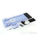 Light blue adjustable pilates sliding board with black grip pads and resistance bands for full-body workouts