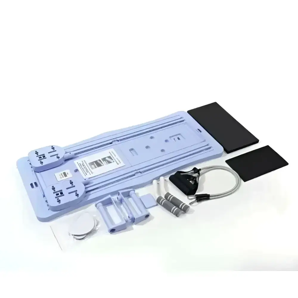 light purple plastic home exercise equipment set with black foam pads and resistance bands featured in royalessencelux titanium steel jewelry and collection highlights for tummy control and blonde body wave styling.