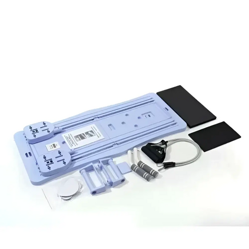 Light blue plastic adjustable pilates sliding board with black grip pads and resistance bands to enhance flexibility