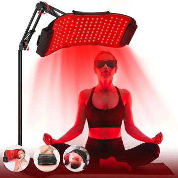 Adjustable red light therapy lamp with black frame and multiple bright red bulbs arranged in a grid pattern on stand
