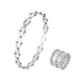 Silver-toned adjustable rhinestone bracelet and fashion rings set with intricate interlocking chain design and clear stones