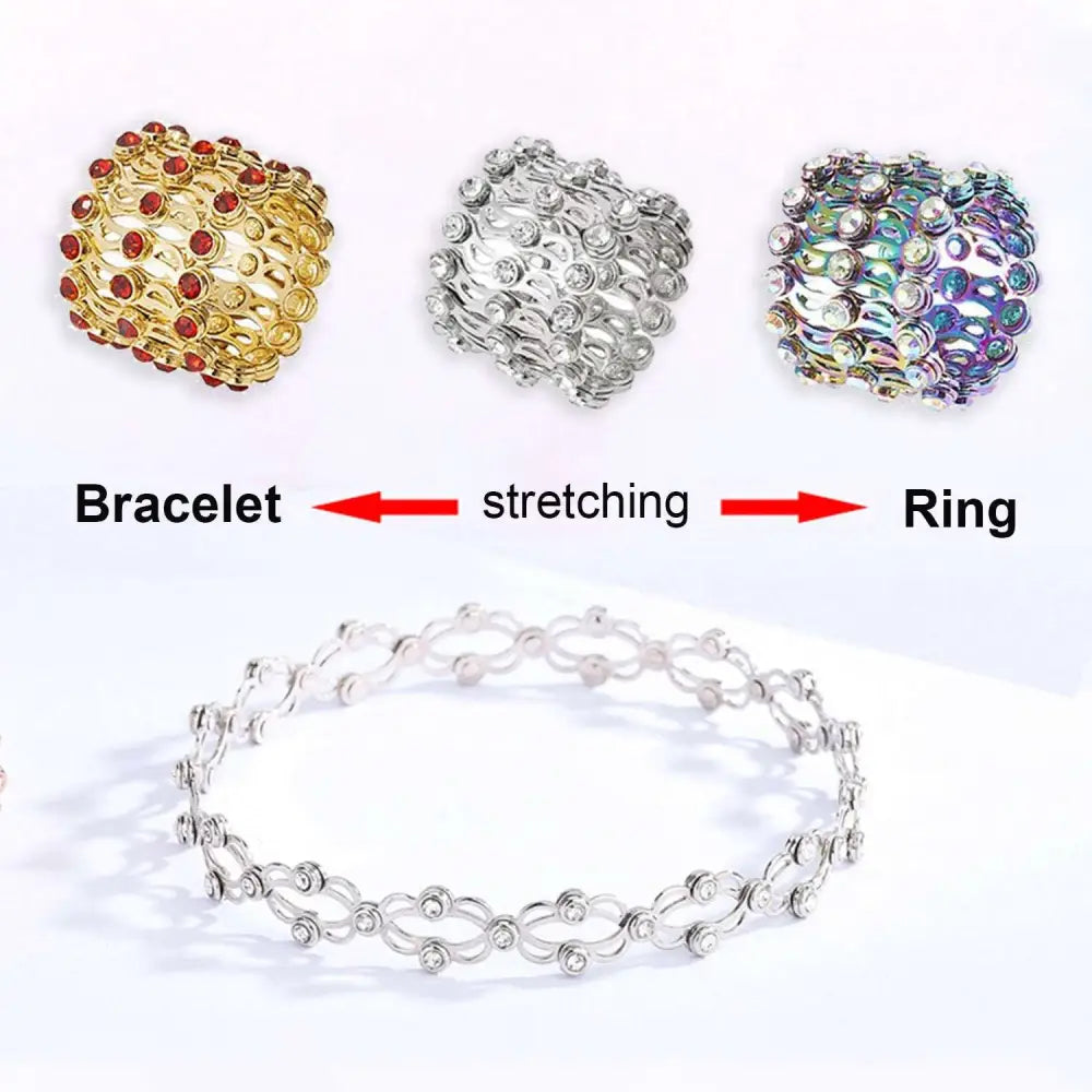 Silver adjustable rhinestone bracelet with stretchable interlocking chain and clear crystals in fashion rings set