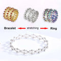 Silver adjustable rhinestone bracelet with stretchable interlocking chain and clear crystals in fashion rings set