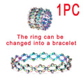 Iridescent metallic adjustable rhinestone bracelet with embedded clear crystals designed to transform from ring set