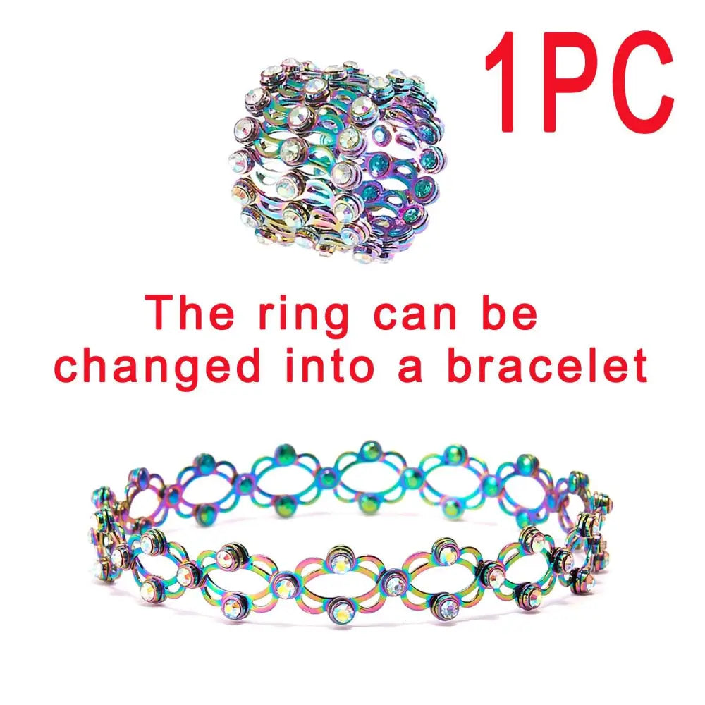 Iridescent metallic adjustable rhinestone bracelet with embedded clear crystals designed to transform from ring set