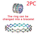 Iridescent metallic adjustable rhinestone bracelet and fashion rings set with clear crystal accents shown as ring and bracelet