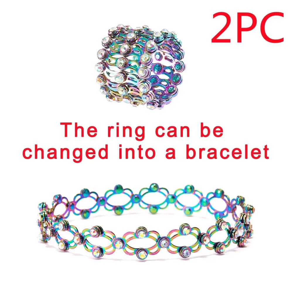 Iridescent metallic adjustable rhinestone bracelet and fashion rings set with clear crystal accents shown as ring and bracelet