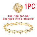 Gold-colored adjustable rhinestone bracelet and fashion rings set featuring a multi-layered ring with clear crystals