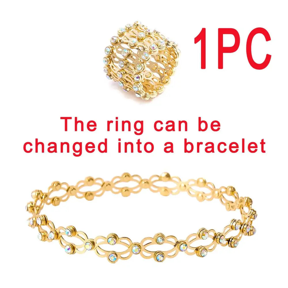 Gold-colored adjustable rhinestone bracelet and fashion rings set featuring a multi-layered ring with clear crystals