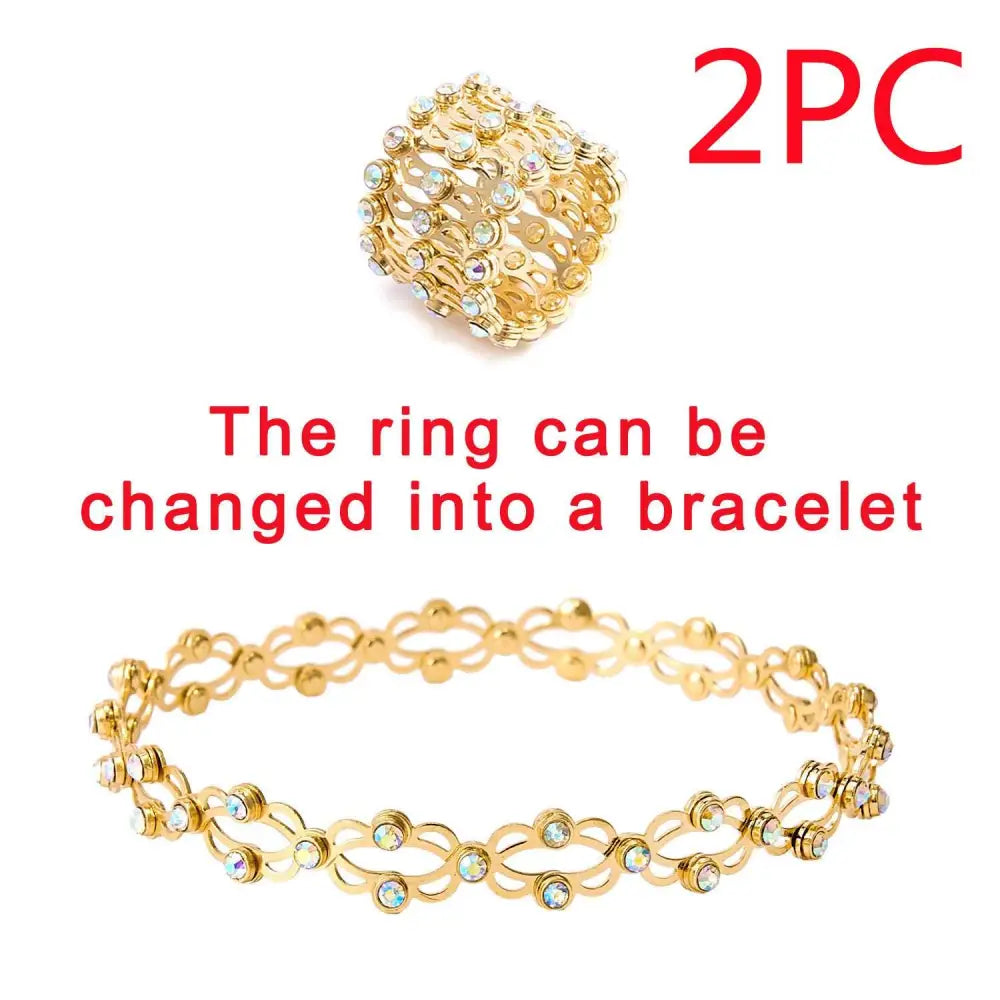 Gold-colored adjustable rhinestone bracelet and fashion rings set featuring multi-layered design and clear crystals