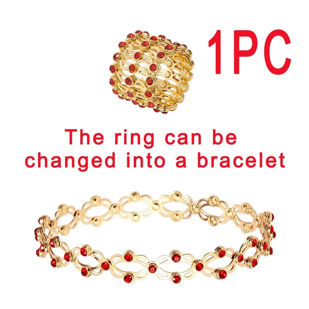 Gold-colored adjustable rhinestone bracelet and fashion rings set with red gemstones transformable into matching accessories