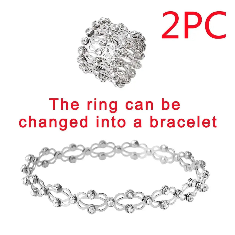 Silver multi-layered stretchable fashion rings set and adjustable rhinestone bracelet adorned with clear crystals
