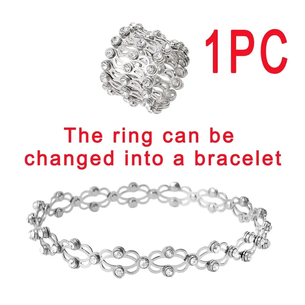 Silver multi-layered stretchable ring with clear crystals convertible to adjustable rhinestone bracelet in fashion rings set