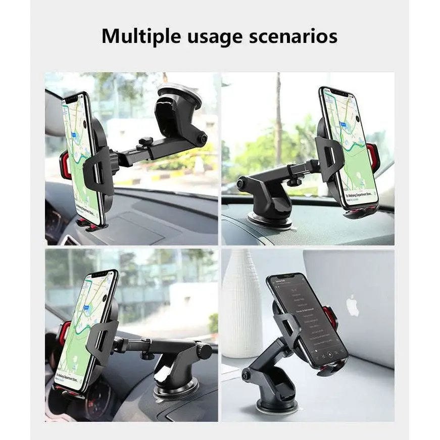 Black smartphone mounted in car phone navigation bracket with adjustable suction cup and arms on dashboard holder