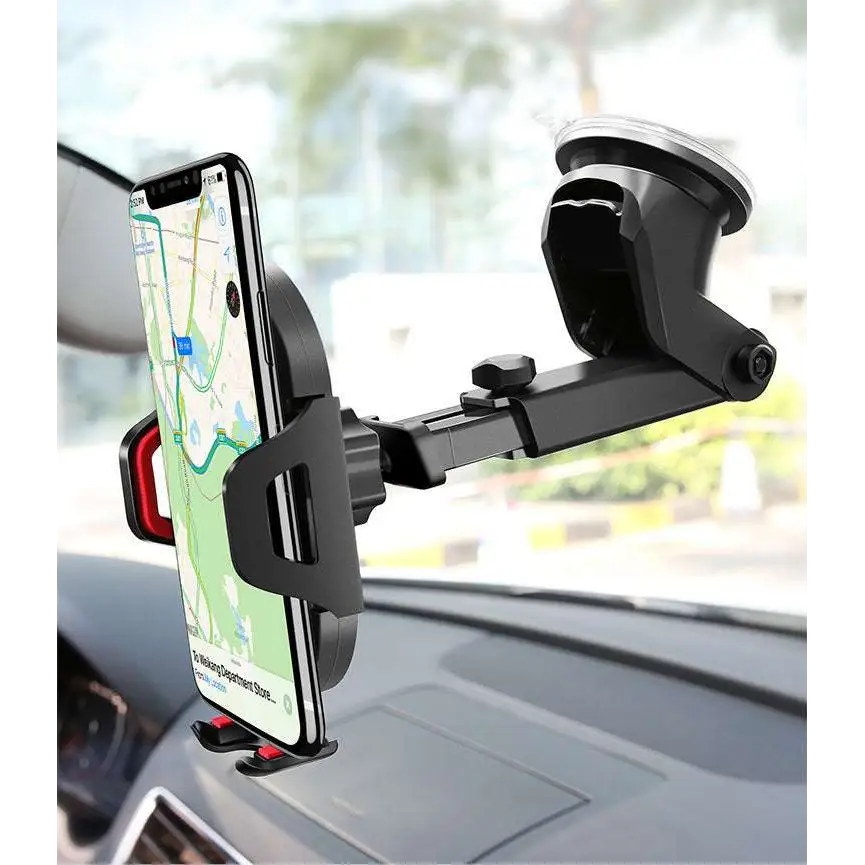 Adjustable black and red car phone navigation bracket with suction cup base for secure phone mounting
