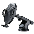 Black plastic adjustable suction cup car phone navigation bracket with carbon fiber textured grip and adjustable arm